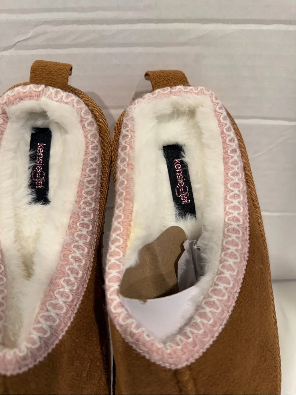 Kensie Girl Brown Slip-On Faux-Suede Slippers with Pink Trim